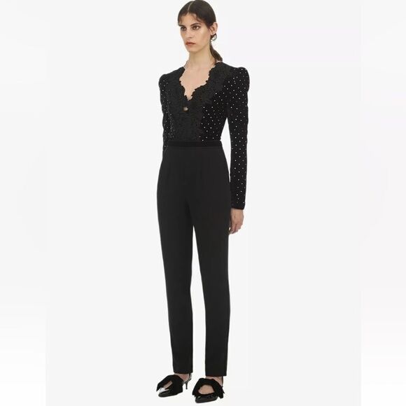 Self Portrait Guipure Black Jumpsuit Lace Trimmed Embellished Size 4 - Picture 10 of 17